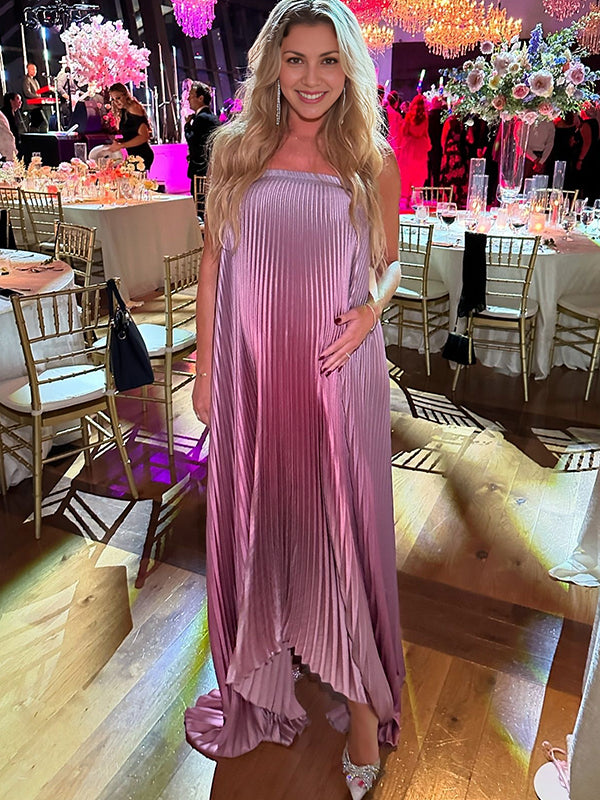 Momsmood Pink Gradient Color Bandeau Pleated Big Swing Strapless Elegant Cocktail Party Maternity Photoshoot Baby Shower Maxi Dress