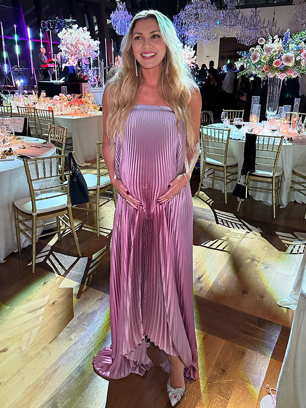 Momsmood Pink Gradient Color Bandeau Pleated Big Swing Strapless Elegant Cocktail Party Maternity Photoshoot Baby Shower Maxi Dress