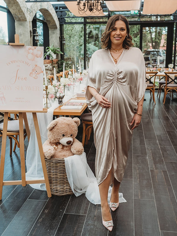 Momsmood Silver Satin Drawstring Ruched V-neck Batwing Sleeve Shirt Elegant Maternity Baby Shower Maxi Dress