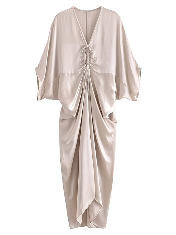 Momsmood Silver Satin Drawstring Ruched V-neck Batwing Sleeve Shirt Elegant Maternity Baby Shower Maxi Dress