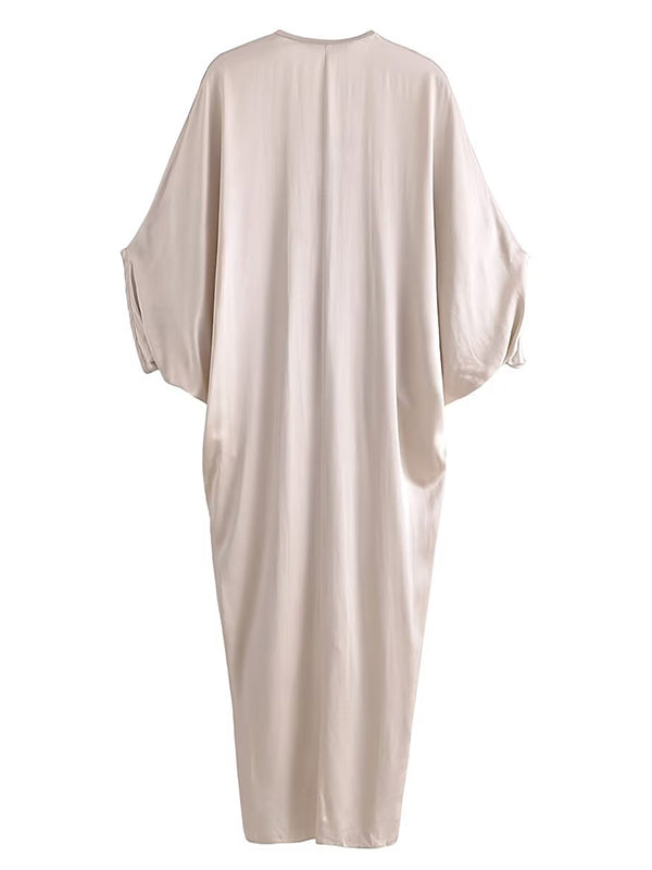 Momsmood Silver Satin Drawstring Ruched V-neck Batwing Sleeve Shirt Elegant Maternity Baby Shower Maxi Dress
