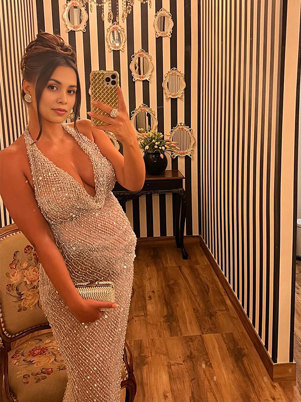 Momsmood Silver Glitter Sequin Net Halter Neck Backless Low Cowl Neckline Bodycon Elegant Cocktail Party Sheer Maternity Photoshoot Baby Shower Maxi Dress