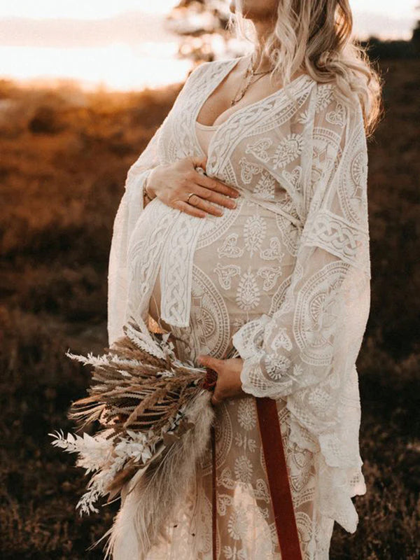 Momsmood Boho White Lace Open Belly Belt Robe Elegant Sheer Maternity Photoshoot Maxi Dress