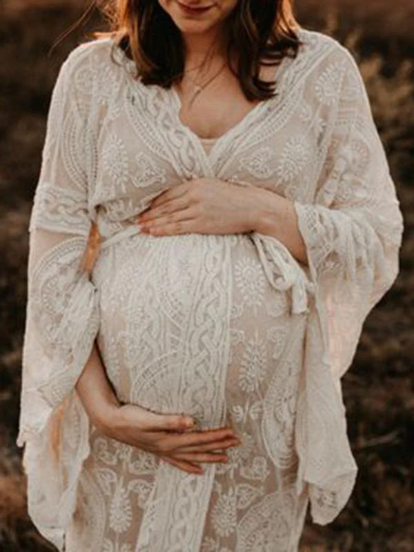 Momsmood Boho White Lace Open Belly Belt Robe Elegant Sheer Maternity Photoshoot Maxi Dress