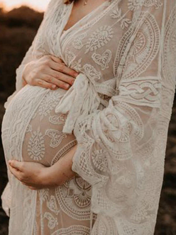 Momsmood Boho White Lace Open Belly Belt Robe Elegant Sheer Maternity Photoshoot Maxi Dress