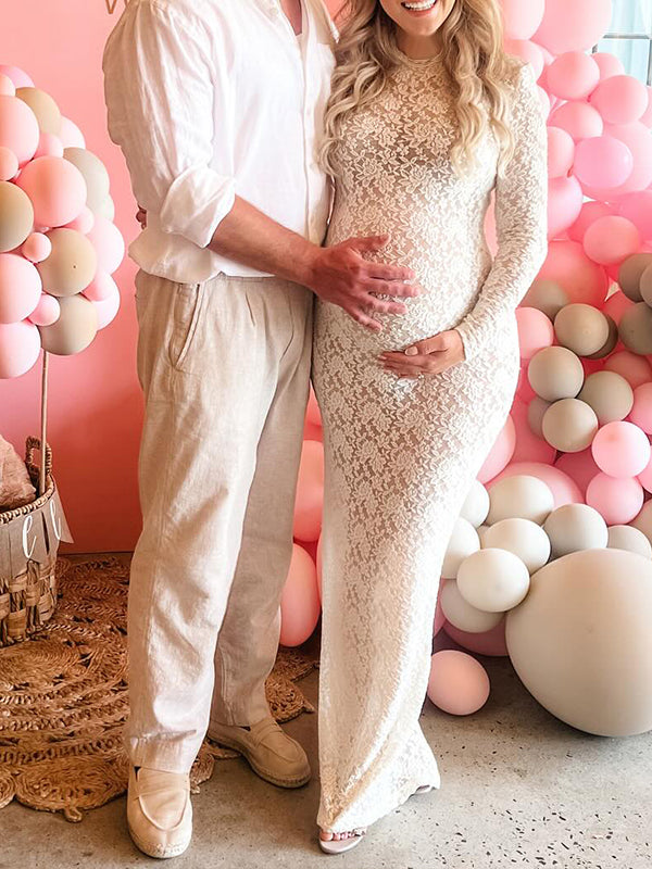 Momsmood White Lace Sheer Bodycon Elegant Cocktail Party Maternity Baby Shower Maxi Dress