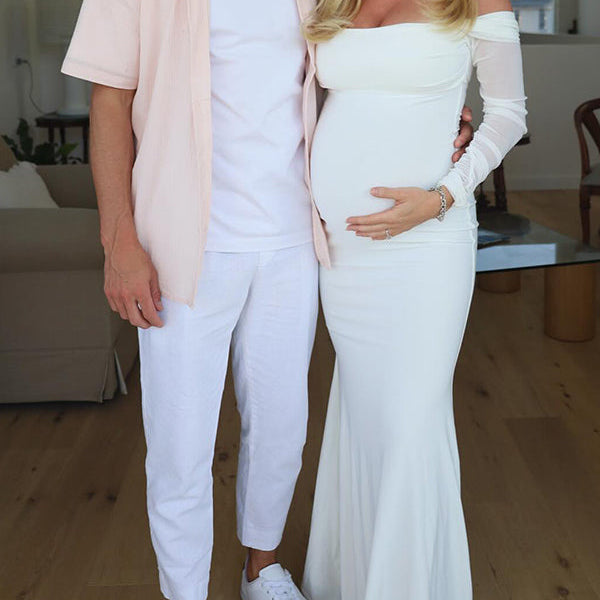 Momsmood White Off Shoulder Halter Neck Bodycon Elegant Cocktail Maternity Baby Shower Maxi Dress