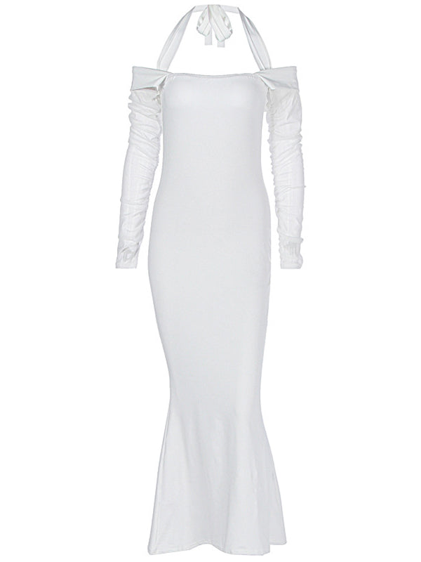 Momsmood White Off Shoulder Halter Neck Bodycon Elegant Cocktail Maternity Baby Shower Maxi Dress