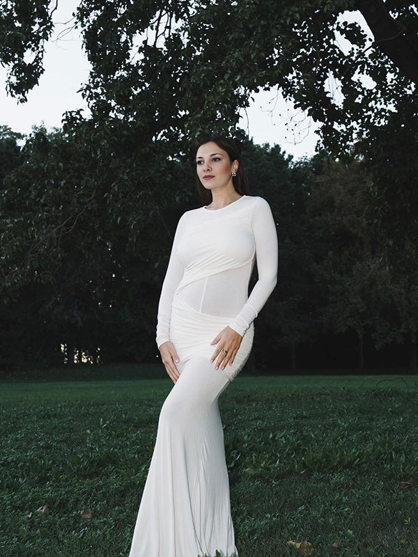 Momsmood White Ruched Round Neck Long Sleeve Bodycon Sheer Elegant Maternity Photoshoot Maxi Dress