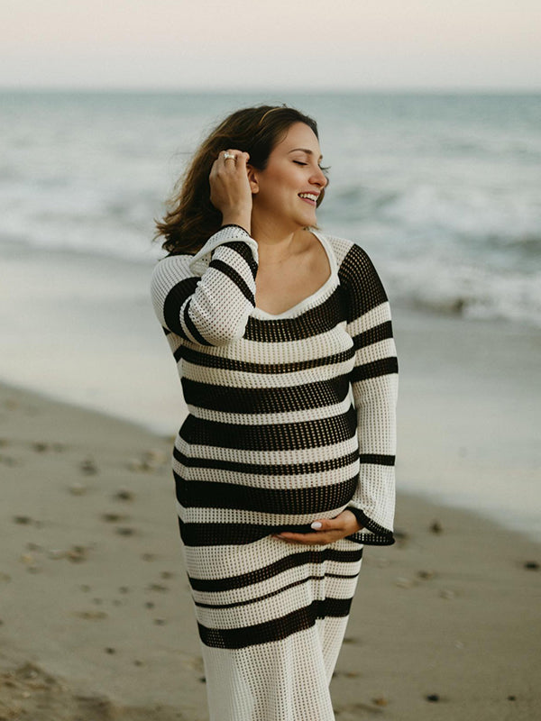 Momsmood Black And White Striped Knit Hollow Out Square Neck Elegant Baby Moon Cover Up Maternity Baby Shower Maxi Dress