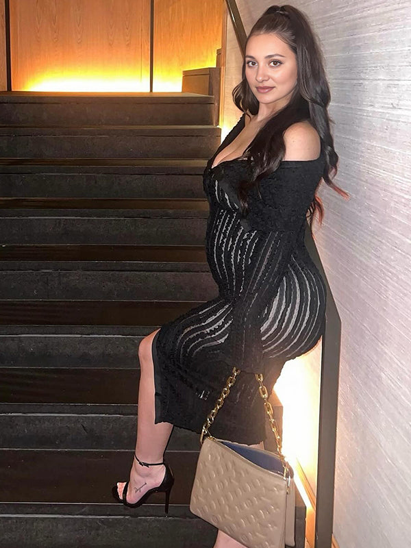 Momsmood Off Shoulder Single Breasted Mesh Wavy Ruffle Front Slit Bodycon Elegant Going Out Maternity Baby Shower Maxi Dress