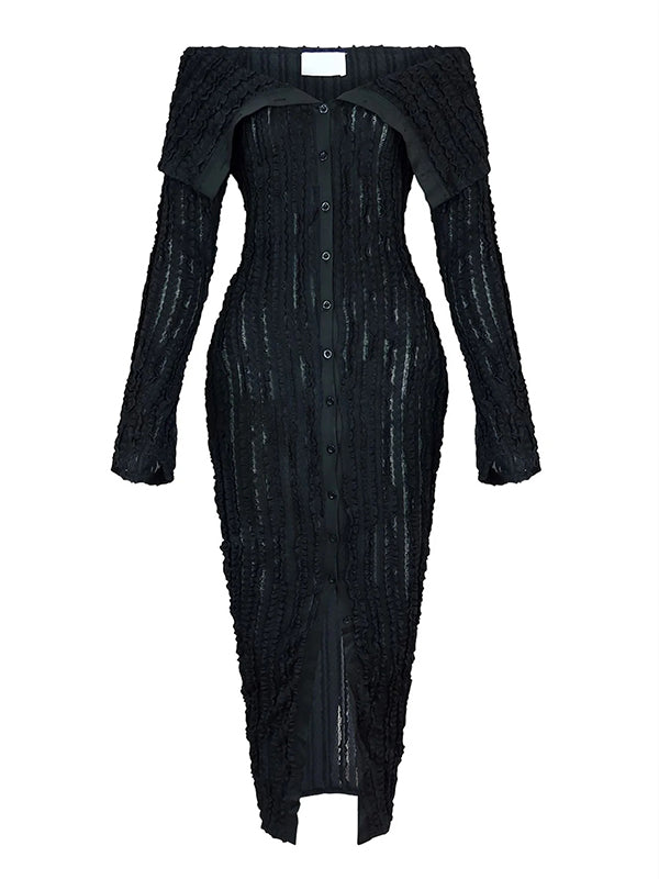 Momsmood Off Shoulder Single Breasted Mesh Wavy Ruffle Front Slit Bodycon Elegant Going Out Maternity Baby Shower Maxi Dress
