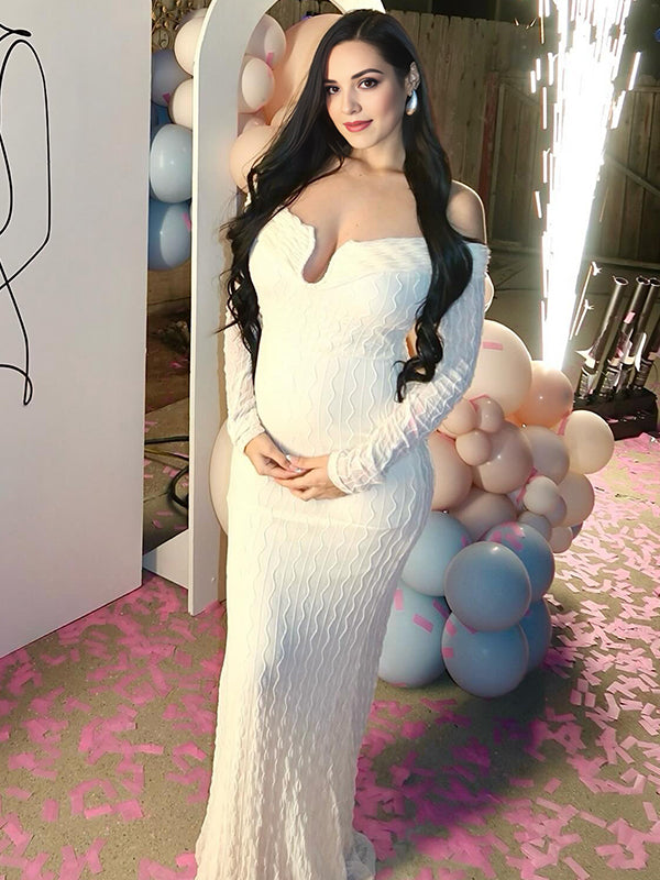 Momsmood Cream White Off Shoulder Textured U-Wire Bodycon Elegant Maternity Baby Shower Maxi Dress
