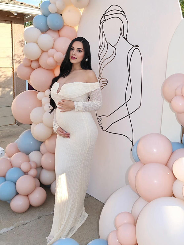 Momsmood Cream White Off Shoulder Textured U-Wire Bodycon Elegant Maternity Baby Shower Maxi Dress