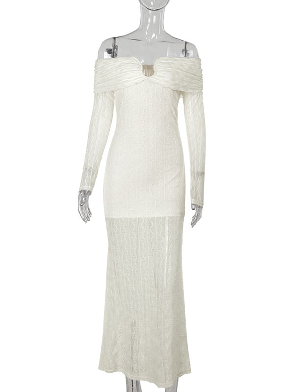 Momsmood Cream White Off Shoulder Textured U-Wire Bodycon Elegant Maternity Baby Shower Maxi Dress