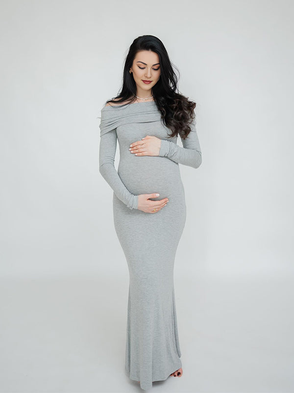 Momsmood Grey Off Shoulder Mermaid Elegant Going Out Maternity Photoshoot Maxi Dress