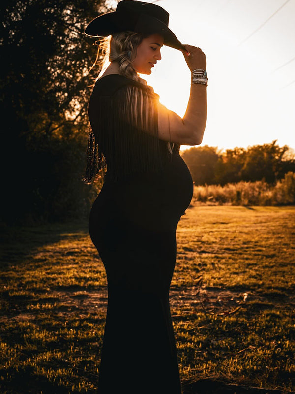 Momsmood Black Tassel Fringe Cross Chest Mermaid Plus Size Elegant Cocktail Maternity Photoshoot Maxi Dress