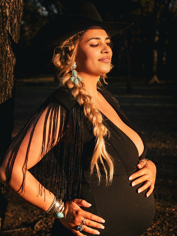 Momsmood Black Tassel Fringe Cross Chest Mermaid Plus Size Elegant Cocktail Maternity Photoshoot Maxi Dress