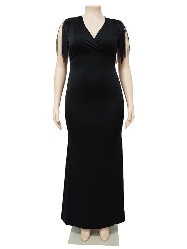Momsmood Black Tassel Fringe Cross Chest Mermaid Plus Size Elegant Cocktail Maternity Photoshoot Maxi Dress