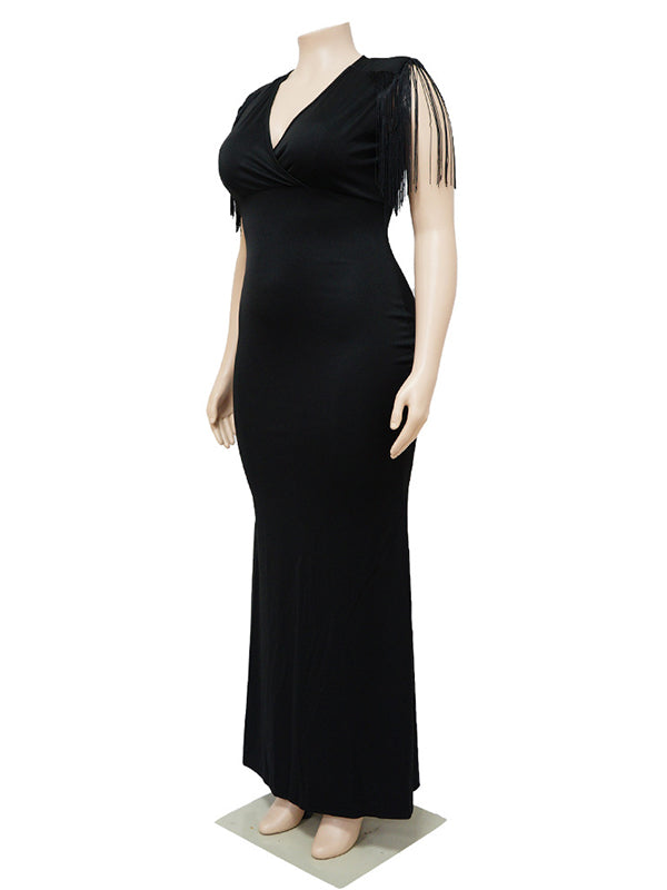 Momsmood Black Tassel Fringe Cross Chest Mermaid Plus Size Elegant Cocktail Maternity Photoshoot Maxi Dress