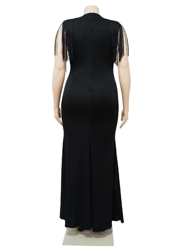 Momsmood Black Tassel Fringe Cross Chest Mermaid Plus Size Elegant Cocktail Maternity Photoshoot Maxi Dress