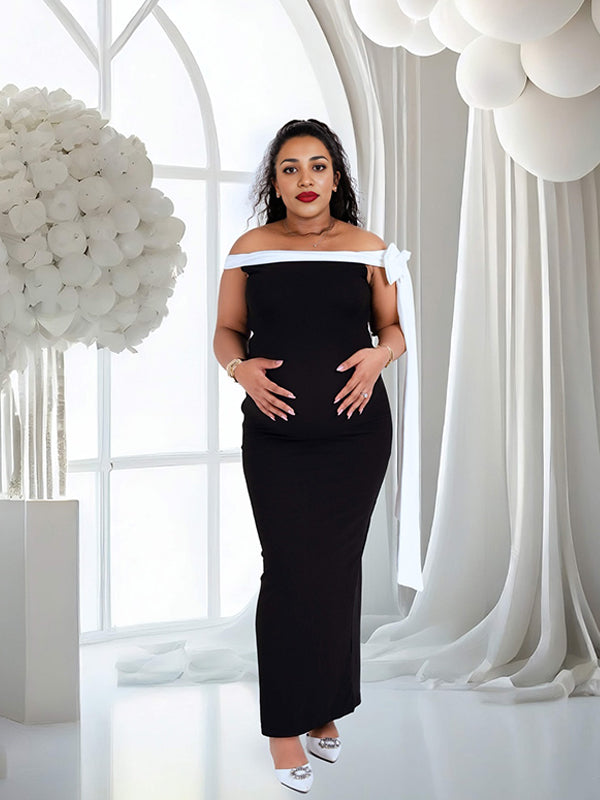 Momsmood Black And White Hit Color Off Shoulder Bow Bodycon Elegant Formal Gown Maternity Photoshoot Maxi Dress