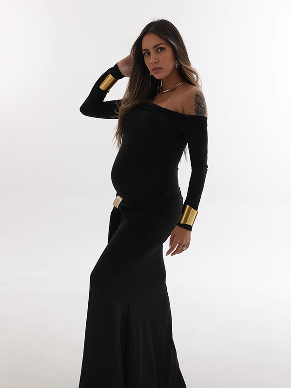 Momsmood Black Off Shoulder Draped Ruched Metal Buckle Bodycon Elegant Maternity Photoshoot Maxi Dress