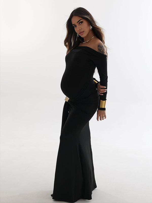 Momsmood Black Off Shoulder Draped Ruched Metal Buckle Bodycon Elegant Maternity Photoshoot Maxi Dress