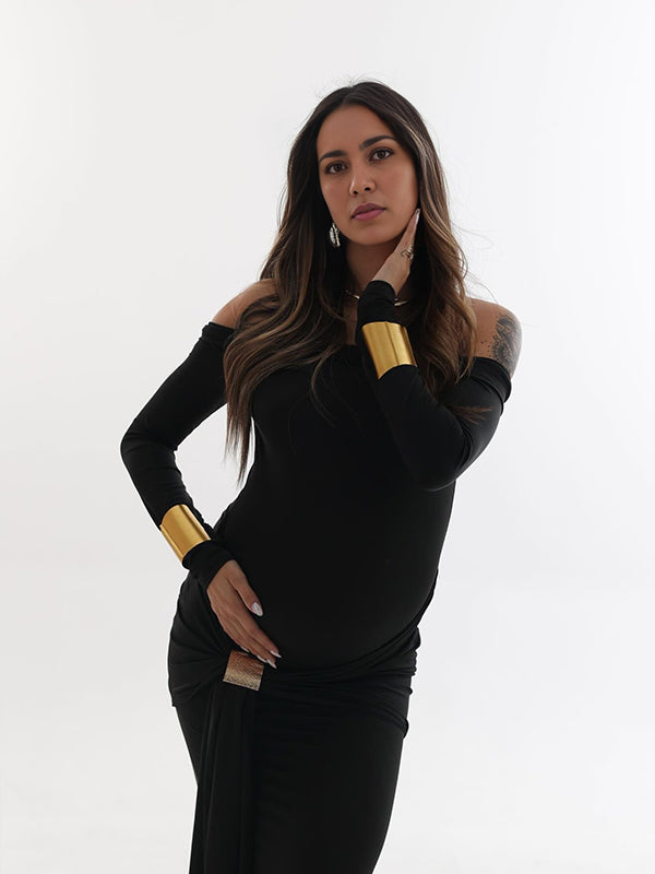 Momsmood Black Off Shoulder Draped Ruched Metal Buckle Bodycon Elegant Maternity Photoshoot Maxi Dress