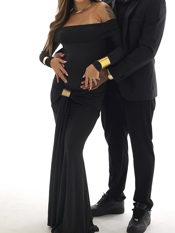 Momsmood Black Off Shoulder Draped Ruched Metal Buckle Bodycon Elegant Maternity Photoshoot Maxi Dress