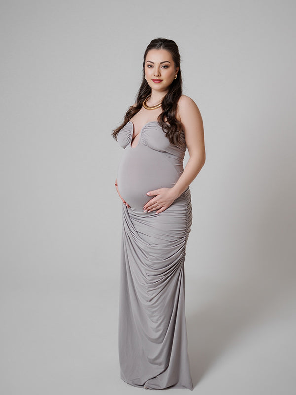 Momsmood Taupe Ruched Bandeau Deep Plunge Neck Strapless Bodycon Elegant Evening Gown Maternity Photoshoot Maxi Dress