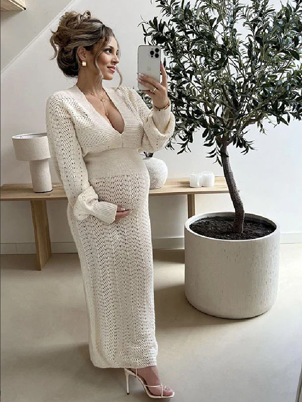 Momsmood White Crochet Knit Hollow Out Deep V-neck Lantern Sleeve Bodycon Elegant Going Out Maternity Sweater Maxi Dress