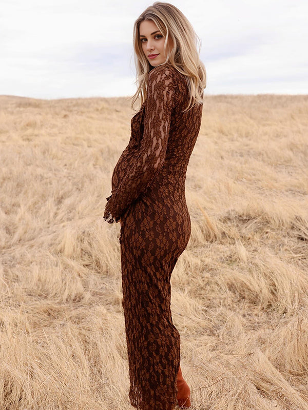 Momsmood Browm Floral Lace-Up Flare Sleeve Elegant Semi-sheer Maternity Photoshoot Maxi Dress