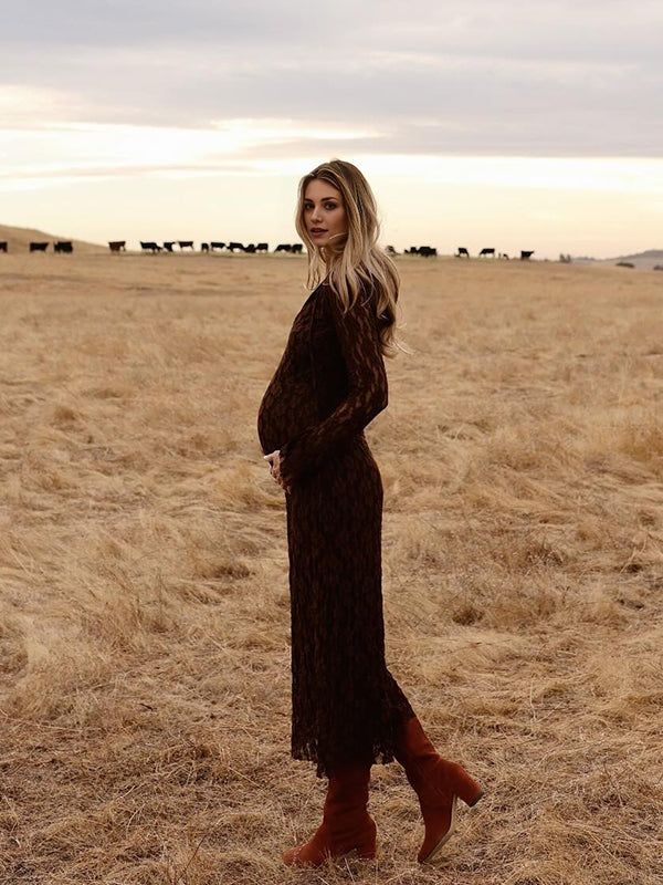 Momsmood Browm Floral Lace-Up Flare Sleeve Elegant Semi-sheer Maternity Photoshoot Maxi Dress
