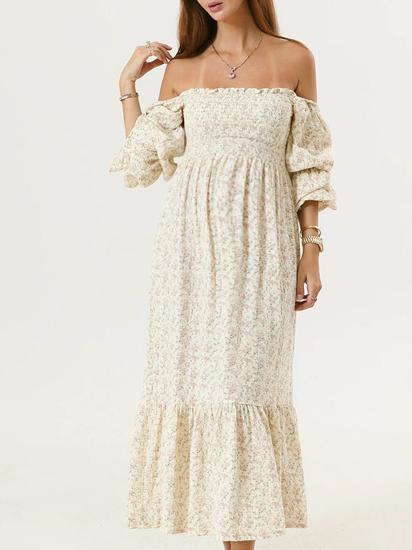 Momsmood White Ruffle Ruched High Waist Puff Sleeve Cute Photoshoot Maternity Maxi Dress
