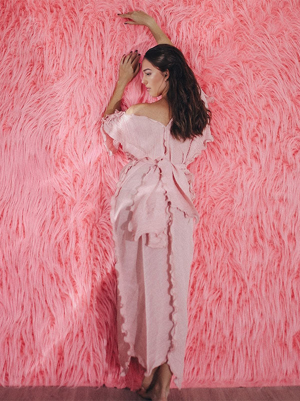 Momsmood Pink Ruffle Off Shoulder V-neck Belted Photoshoot Baby Shower Maternity Maxi Dress