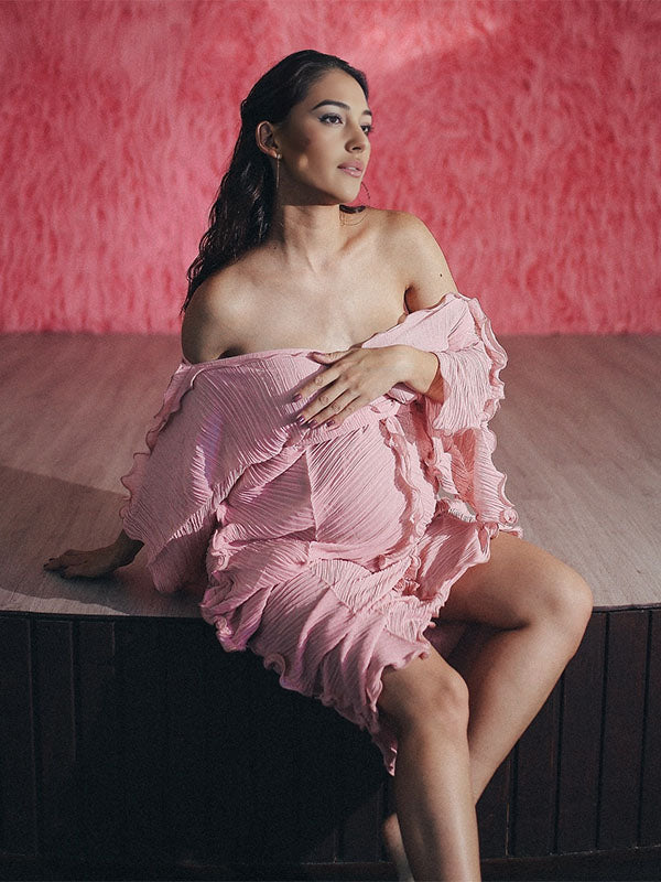 Momsmood Pink Ruffle Off Shoulder V-neck Belted Photoshoot Baby Shower Maternity Maxi Dress