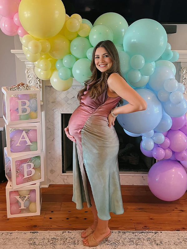 Momsmood Hit Color Tie-dyed Silk Ruched Cute Baby Shower Maternity Maxi Dress