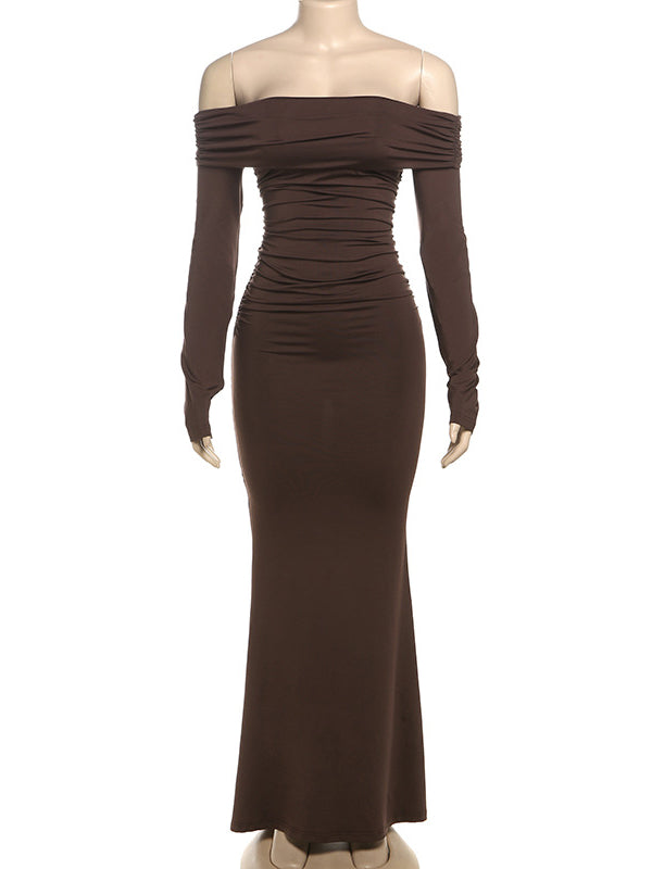 Momsmood Off Shoulder Ruched Flare Sleeve Mermaid Bodycon Fashion Photoshoot Baby Shower Maternity Maxi Dress
