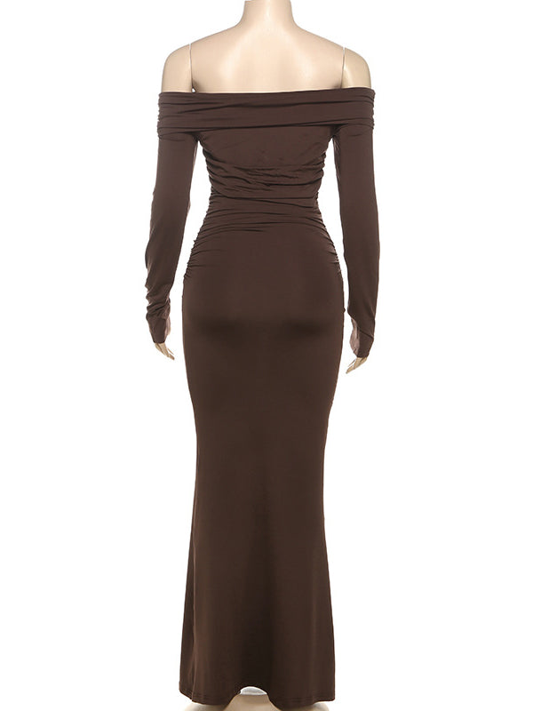 Momsmood Off Shoulder Ruched Flare Sleeve Mermaid Bodycon Fashion Photoshoot Baby Shower Maternity Maxi Dress