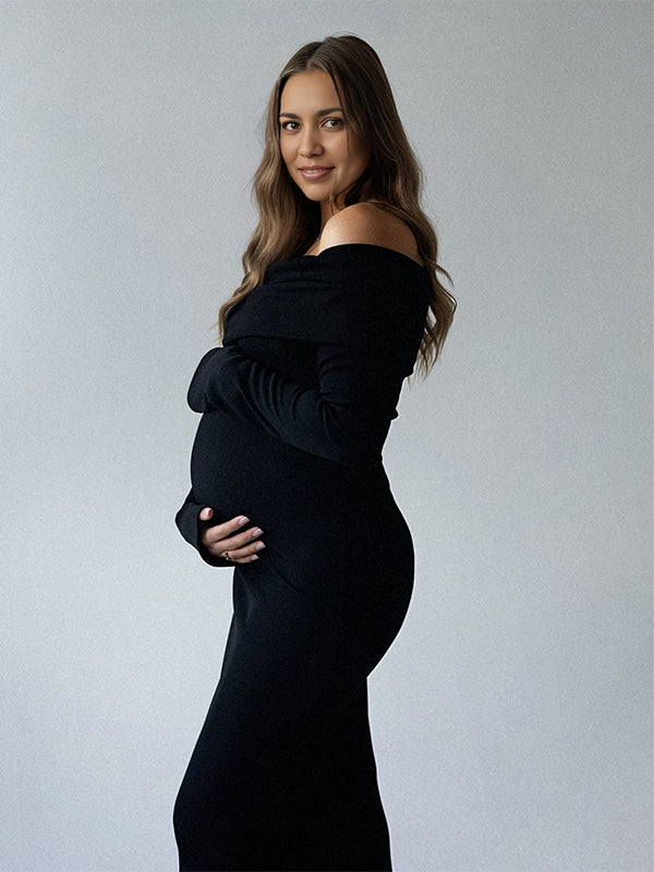 Momsmood Off Shoulder Ruched Flare Sleeve Mermaid Bodycon Fashion Photoshoot Baby Shower Maternity Maxi Dress