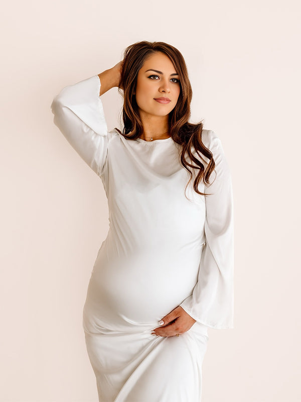Momsmood Silk Back Tie Solid Color Flare Sleeve Elegant Photoshoot Baby Shower Maternity Maxi Dress
