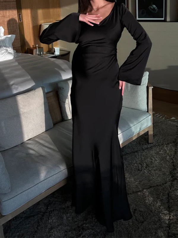 Momsmood Silk Back Tie Solid Color Flare Sleeve Elegant Photoshoot Baby Shower Maternity Maxi Dress