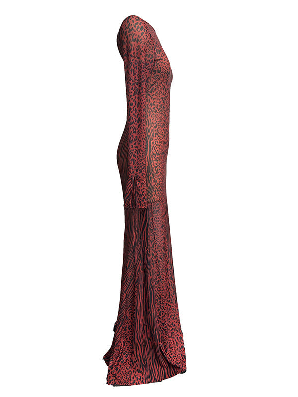 Momsmood Red Leopard Backless Slit Flare Sleeve Sheer Bodycon Party Baby Shower Maternity Maxi Dress