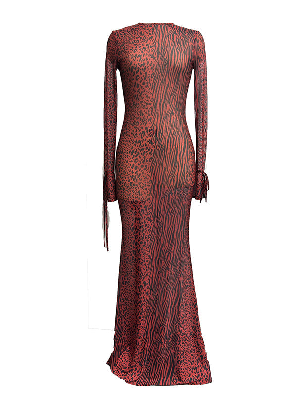 Momsmood Red Leopard Backless Slit Flare Sleeve Sheer Bodycon Party Baby Shower Maternity Maxi Dress