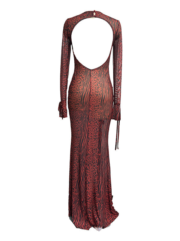 Momsmood Red Leopard Backless Slit Flare Sleeve Sheer Bodycon Party Baby Shower Maternity Maxi Dress