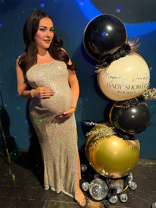 Momsmood Silver Sequin Side Slit Backless Halter Neck Bodycon Evening Christmas Party Cocktail Baby Shower Maternity Maxi Dress