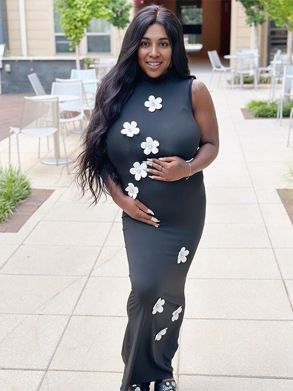 Momsmood Black Diamond Flowers Cut Out Bodycon Party Baby Shower Maternity Maxi Dress