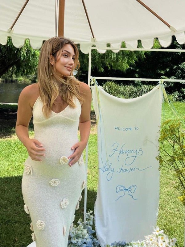 Momsmood White Halter Neck Backless 3D Flowers Crochet Mermaid Bodycon Elegant Baby Shower Maternity Maxi Dress