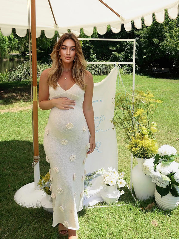 Momsmood White Halter Neck Backless 3D Flowers Crochet Mermaid Bodycon Elegant Baby Shower Maternity Maxi Dress